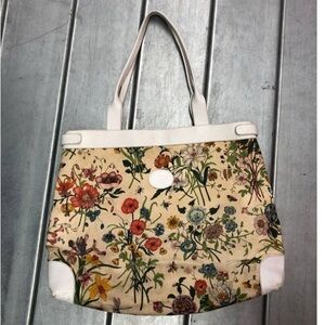 Vintage Gucci  Floral Canvas and White Leather Tote Bag